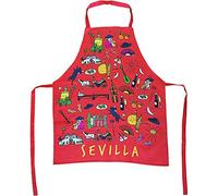 TBOC Delantal de Cocina [Rojo] - 100% Algodón Souvenir con Motivos Típicos de Sevilla Andalucía España con Flamenca Torero Abanico Giralda Unisex para Hombres Mujeres