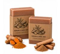 TBS Jabón de leche de cabra hecho a mano con cúrcuma y sándalo, 2 x 100 g, jabón natural hidratante y nutritivo con 12 mantecas y aceites para pieles secas y sensibles. Limpieza profunda