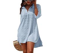 TBSCWYF Camisa Suelta de Bikini Casual para Mujer, Manga Larga, Cuello en V, Azul Claro, Talla S