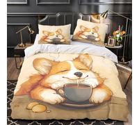 TBZXEEWOE Corgi Tomando té Funda de Edredón Juego de 3 Piezas Impresión 3D Cremallera Oculta Incluye Fundas de Almohada Lavables Linda Caricatura Funda Edredon for Adolescentes Single（135x200cm）