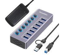 Tccmebius Hub USB Alimentado, Aluminio Hub USB 3.0/USB C de 7 Puertos 5Gbps Datos con Interruptor Independiente LED, Adaptador de Corriente 12V/3A, 2-en-1 Cable Datos 100CM, para Laptop PC (TCC-T307U)