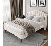 Tcewhhy Lit rembourré 140 x 190 Avec sommier à Lattes et tête de lit, lit jeune, lit simple, Support Lattes Bois, montaje fácil, terciopelo, beige