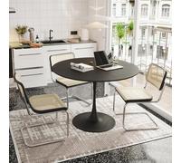 Tcewhhy Mesa de comedor redonda moderna de 47,24", cuatro mesas de patchwork con parte superior de grano de madera maciza de color negro, mesa de comedor base de metal, mesa de comedor final de ocio