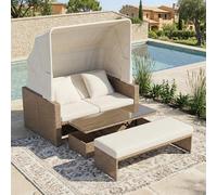 Tcewhhy Muebles de jardín de poliratán para 2-4 Personas, sofá de jardín, sofá Lounge, Mesa de Centro Ajustable, toldo Desmontable, ratán PE y Esponja, Color Caqui.