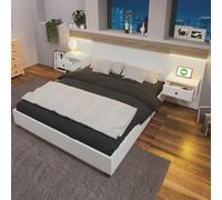 Tcewhhy Sistema De Cama De Matrimonio con 2 Mesitas De Noche LED Y Toma USB C Cama De Madera con Mesitas De Noche Cama Juvenil Cama De Invitados Juego Completo De Muebles De Dormitorio Blanco 140x200