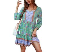 TcIFE Vestido Túnica Bohemio para Mujer, Vestido de Playa, Vestidos de Verano, Túnica de Playa Vintage, Manga 3/4, Cuello en V, Vestido de Túnica con Estampado Floral, Top Corto