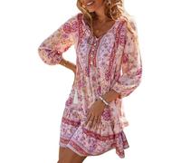 TcIFE Vestido Túnica Bohemio para Mujer, Vestido de Playa, Vestidos de Verano, Túnica de Playa Vintage, Manga 3/4, Cuello en V, Vestido de Túnica con Estampado Floral, Top Corto