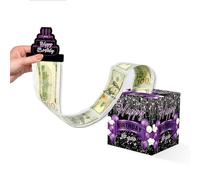 TCJIU Hucha de cumpleaños para dinero en efectivo, caja de regalo sorpresa con tarjeta de feliz cumpleaños extraíble y 50 bolsas transparentes, regalos de cumpleaños de color morado rosa para hombres,