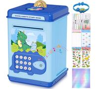 TCJJ Huchas de dinosaurio para niños, hucha segura con contraseña y huellas dactilares, 4 calcomanías, pulsera y hoja de contabilidad, regalos para niños