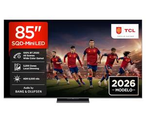 TCL 85C8L Televisor 85 Pulgadas SQD-Mini LED 4K Smart TV, HDR 6000 nits, 3200 Local Dimming, 144Hz Motion Clarity Pro, Bang & Olufsen, Dolby Vision IQ & Atmos, Game Master, Google TV, Apple AirPlay 2