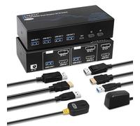 TCNEWCL 4K 120Hz Switch KVM HDMI Displayport 2 PC 2 Monitor 8K 60Hz Conmutador DP 1.4 HDMI 2.1 USB 3.0 Doble Monitor, Soporta Modo Extendido y Copia, con Controlador con Cable y 2 Cables HDMI+DP+USB