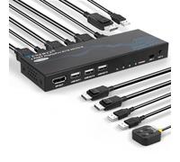 TCNEW isplayPort KVM Switch 4 Puertos, 4K 60Hz Conmutador KVM DP USB para 4 PC Share 1 Monitor Teclado Ratón, Conmutador Displayport con 4 Cable DP y 4 Cable USB