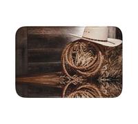 Tcoay Alfombra Antideslizante y Absorbente para baño, tapete de Entrada, tapete Decorativo, Sombrero de Paja de Vaquero del Oeste Americano, Cuerda Tradicional de Rancho, Madera Vieja, Granero