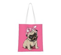 Tcoay Bolso de tela reutilizable para ir de compras, bolsa de mano para la compra, bolsa de hombro de lona multiusos,Pug de dibujos animados con lazo rosa