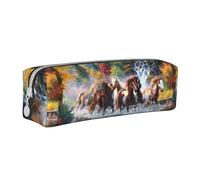 Tcoay Estuche para lápices Estuche cilíndrico portátil con Estuche para cosméticos de Cuero con Cremallera,Caballos de los Indios nativos Americanos