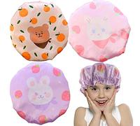 TCOTBE 3 gorros de ducha con estampado de conejos de doble capa, gorros de ducha para niños, sombreros de baño de PEVA reutilizables para niños y niñas