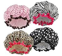 TCOTBE Gorro de ducha impermeable de 4 piezas, gorras de ducha para mujer, gorro de baño elástico reutilizable, protección del medio ambiente, doble capa impermeable