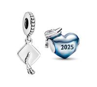 TCZNAF 2025 Graduación Cap and Blue Heart Charms Abalorios Colgante de Cuentas Plata de Ley 925 Compatible con Europeo Pulsera Collar,Abalorios para mujer