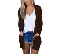 TDEOK Abrigo para mujer elegante y fino cárdigan ligero de punto para mujer, de verano, fino, largo, con botones, con bolsillos, abrigo de punto, monocolor, cárdigan de punto informal, cárdigan largo