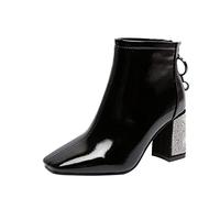 TDEOK Botines de mujer con tacón elegantes botas de invierno de moda para mujer botines de moda de invierno zapatos de vestir con diamantes de imitación cómodos puntera cuadrada y tacón, Negro , 38