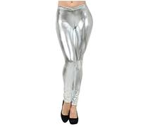 TDEOK Leggings de piel sintética para mujer, cintura alta, brillantes, mallas de látex, aspecto de piel, cintura alta, ajustados, elásticos, para fiestas, bailes, discotecas, carnaval, plata, M