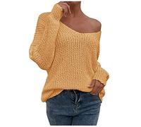 TDEOK Mujer e Invierno Clásico Fasion Jersey Sexy Hombros Descubiertos Monocolor Cuello de una Palabra Punto Túnica sin Espalda Cálida Sudadera Mujer, amarillo, XL