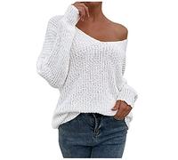 TDEOK Mujer e Invierno Clásico Fasion Jersey Sexy Hombros Descubiertos Monocolor Cuello de una Palabra Punto Túnica sin Espalda Cálida Sudadera Mujer, Blanco, XL