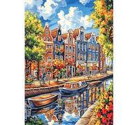 TDFERAN Diamond Painting Ciudad Países Bajos 30x40cm Cuadro Diamante Kit Completo Adulto Paisaje Canal de Amsterdam Pintura Diamante Barcos Diamante Painting Flor Árbol Puzzle Paisaje Decoración Hogar
