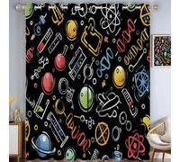 TDNEKMCA Cortinas Tema De Ciencia Opacas, Cortinas Termicas Aislantes Decorativas con Estampada Símbolo De Garabato para Salon/Dormitorio con Ojales 2 Piezas,140x160cm,Amarillo Azul