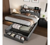 TDRTRD Cama doble acolchada 140 x 200 cm, marco de cama con iluminación LED, baúl de almacenamiento hidráulico, cama con almacenamiento y 2 cajones, cabecera con almacenamiento (gris oscuro, 140 x 200