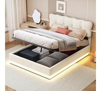 TDRTRD - Cama doble con iluminación LED bajo la cama, baúl con cabecero acolchado y espacio de almacenamiento, camas para 2 personas con somier para adultos y adolescentes (beige, 140 x 200 cm)