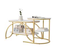 TDRTRD - Juego de 2 mesas bajas modernas, mesa baja ovalada con mesa auxiliar redonda, mesas bajas de mármol falso con almacenamiento, metal resistente, pies, dorado, 80 x 46 x 45 cm y 52 x 52 x 51 cm