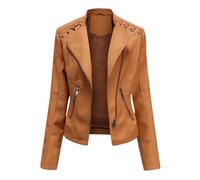 Tdvcpmkk Chaqueta de cuero para mujer, chaqueta delgada, abrigo fino, cuello alto, abrigo de cuero para motocicleta, Marrón claro, XXXXL