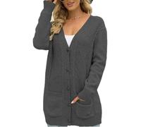 Tdvcpmkk Suéter largo para mujer, cuello en V, cárdigan largo de punto con un solo botonadura, abrigo con múltiples bolsillos, Gris oscuro9, L