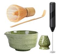 Te Matcha Kit, 4 Piezas Kit Matcha con Cuenco de Cerámica, Batidor Te Matcha, Cuchara, Soporte de Cerámica para La Preparación y Ceremonias, para El Hogar, La Oficina y El Salón de Té, Verde