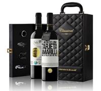 «Te mereces una tarjeta amarilla por la falta que me haces» Mensaje en una Botella. Estuche-Maletín de LUJO 2x Vino Tinto Premium Reserva 12 Meses y Set de 4 Accesorios. Etiqueta Blanca PERSONALIZABLE