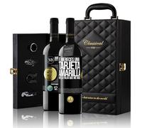 «Te mereces una tarjeta amarilla por la falta que me haces» Mensaje en una Botella. Estuche-Maletín de LUJO 2x Vino Tinto Premium Reserva 12 Meses y Set de 4 Accesorios. Etiqueta Negra PERSONALIZABLE
