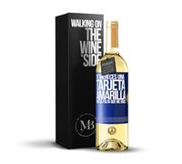 «Te mereces una tarjeta amarilla por la falta que me haces» Mensaje en una Botella. Vino Blanco Premium Verdejo Joven + Gift Box. Etiqueta Azul PERSONALIZABLE