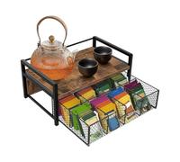 Tea Bag Organizer - Rustic Vintage Anti-Slip Storage Rack, Double-Layer Wood Grain Desktop Tea Bag Container with Wrought Iron Mesh Compartments, Tea-Table Display Ideal for Countertops, Home, Dorm