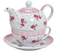 Tea for one - Juego de tetera de porcelana (3 piezas, con taza y platillo, diseño de rosas y flores), color rosa