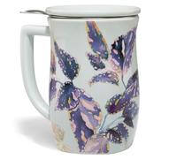 Tea Forte Demoiselle Fiore - Taza de té de cerámica de 14 onzas con infusor y tapa, taza de cerámica con asa para remojar tés de hojas sueltas, apta para lavavajillas y microondas