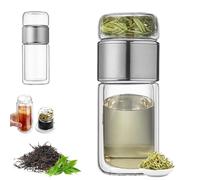 Tea Infuser, 3-in-1double Layer Glass Tea Infuser with Filter & Lid, Portable Tea Water Separation Infusible Tea Cup for Loose Leaf Tea (Silver,350ml)