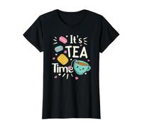 Tea Lovers - Taza de té Kawaii para Amantes del té, Galletas, macarrones, Fiesta de té Camiseta gráfica económica, Mujer, Negro, M