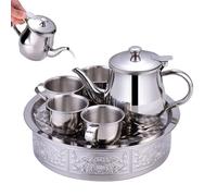 Tea Set - Stainless Steel Children Teapot with Cups and Tray | Stainless Steel Teapot Filter Screen Long Spout Drinkware | Kids Boys Girls Student Beginner Preschool Kindergarten Safe Play Accessory