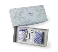 TEA SHOP - Pack Taza de porcelana con Filtro y Tapa + Lata y Cuchara medidora - Set Tea Time Azulejo - Perfecto para Regalo