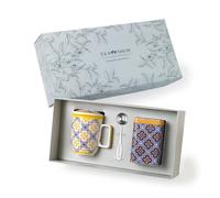TEA SHOP - Pack Taza de porcelana con Filtro y Tapa + Lata y Cuchara medidora - Set Tea Time Azulejo Portugués Amarillo - Perfecto para Regalo
