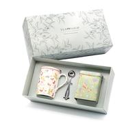 TEA SHOP - Pack Taza de porcelana con Filtro y Tapa + Lata y Cuchara medidora - Set Tea Time Classic Fil Rouge - Perfecto para Regalo