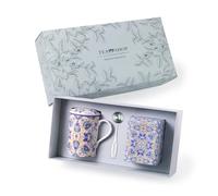 TEA SHOP - Pack Taza de porcelana con Filtro y Tapa + Lata y Cuchara medidora - Set Tea Time Classic Orbital - Perfecto para Regalo