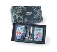 TEA SHOP - Pack Taza de porcelana con Filtro y Tapa + Lata y Cuchara medidora - Set Tea Time Estrella - Perfecto para Regalo