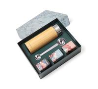 TEA SHOP - Pack Termo de bambú y acero inoxidable con filtro y cierre hermético + Cuchara medidora + 3 tipos de té - Set Tea Time Travel Yoga Balance - Perfecto para Regalo